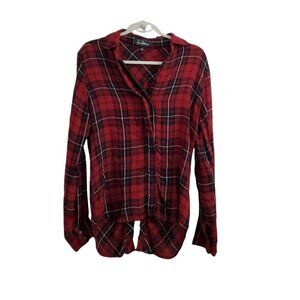 Sam Edelman Top Small Red‎ Plaid Hi Lo Button up Roll Tab Sleeve Zip Back Blouse